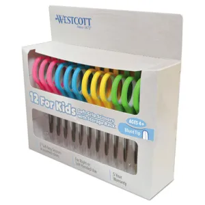 Westcott® Soft Handle Kids Scissors, Rounded Tip, 5" Long, 1.75" Cut Length, Straight Assorted Color Handles, 12/Pack