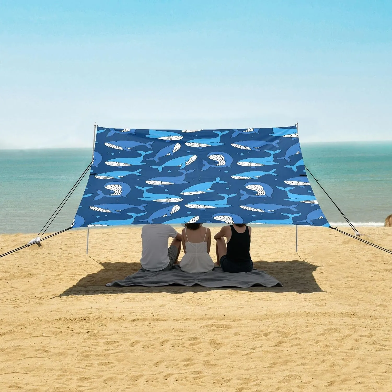 Whales Dark Blue Background Beach Canopy Tent Anti-UV & Wind Resistant, Camping Sun Shelter Easy Setup Portable,Outdoor Shade Tents with Sandbags,Sand Shovels,Ground Pegs & Stability Poles