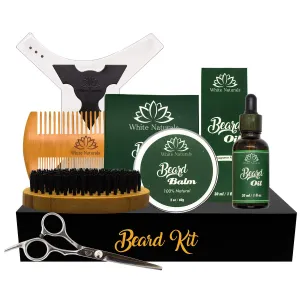 White Naturals Beard Grooming Kit, 6-Piece Set: Brush, Comb, Oil, Balm, Scissors, Beard Shaping Tool