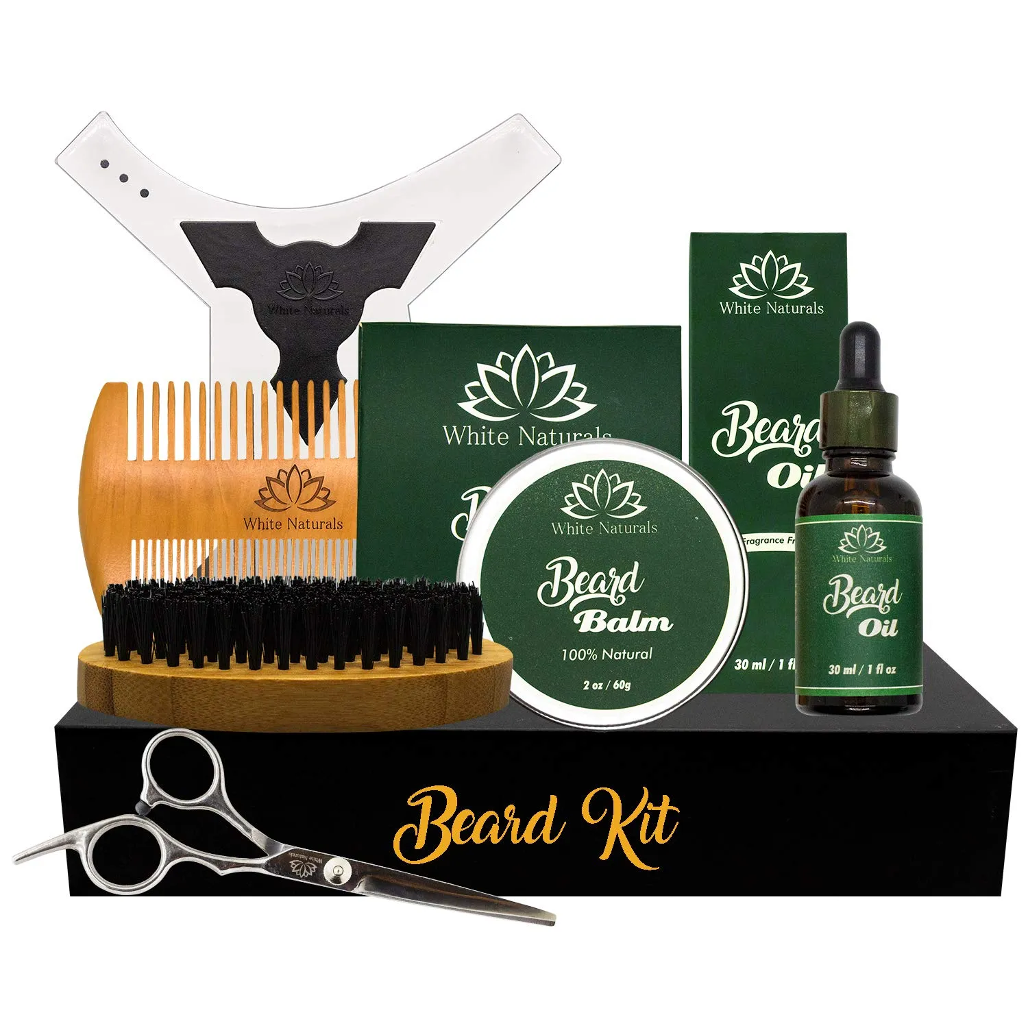 White Naturals Beard Grooming Kit, 6-Piece Set: Brush, Comb, Oil, Balm, Scissors, Beard Shaping Tool