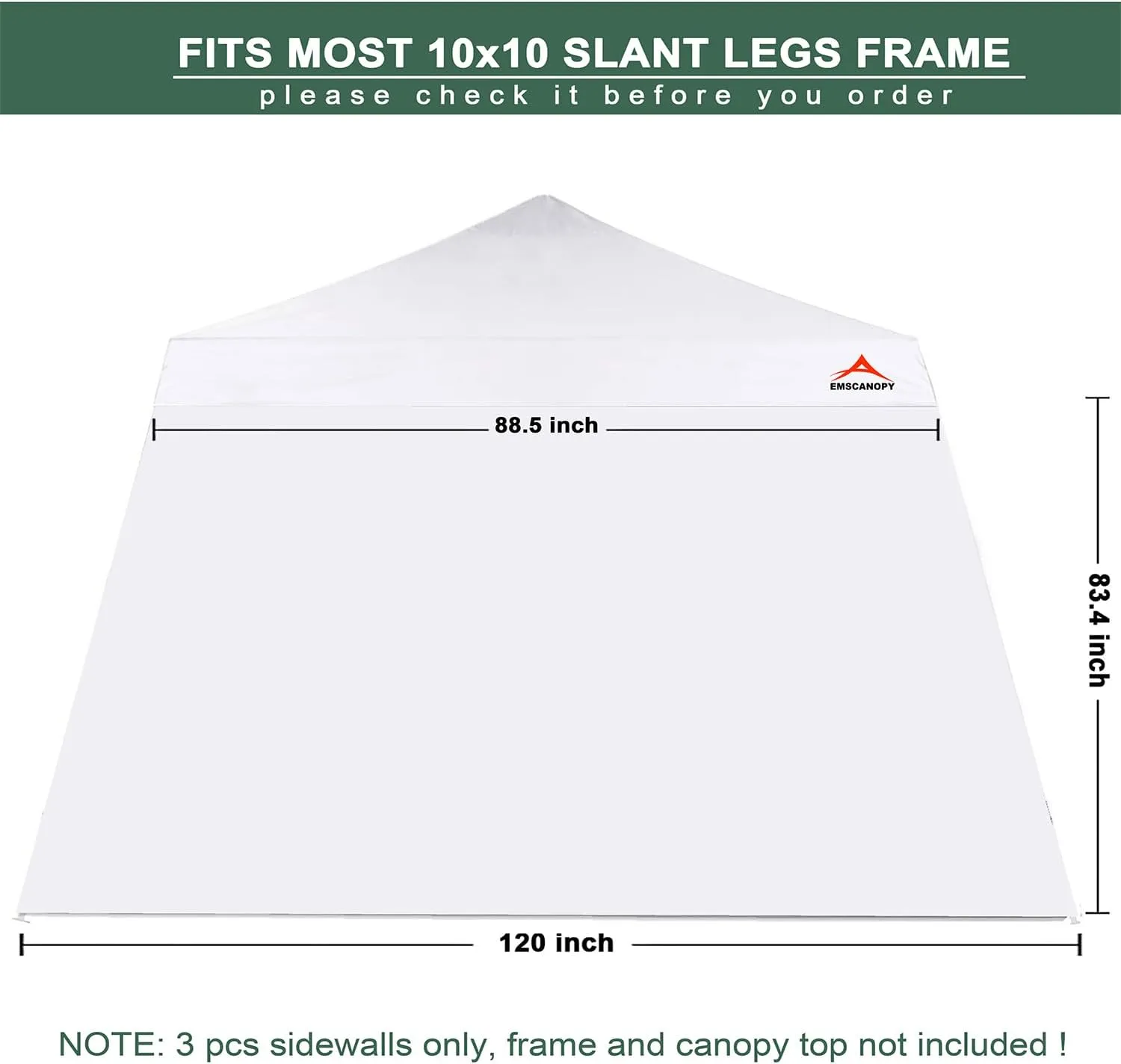 White SunWall for 10x10 Slant Leg Pop Up Canopy,3 Pack Sidewalls Only
