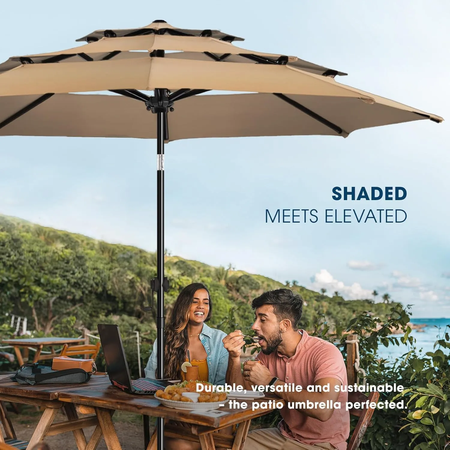 wikiwiki 10 FT Patio Umbrellas 3-Tiers Outdoor Table Market Umbrella with Push Button Tilt/Crank, Fade Resistant Waterproof POLYESTER DTY Canopy for Garden, Lawn, Deck, Backyard & Pool, Tan