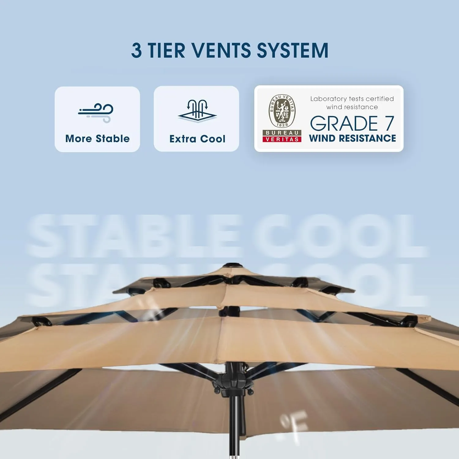 wikiwiki 10 FT Patio Umbrellas 3-Tiers Outdoor Table Market Umbrella with Push Button Tilt/Crank, Fade Resistant Waterproof POLYESTER DTY Canopy for Garden, Lawn, Deck, Backyard & Pool, Tan