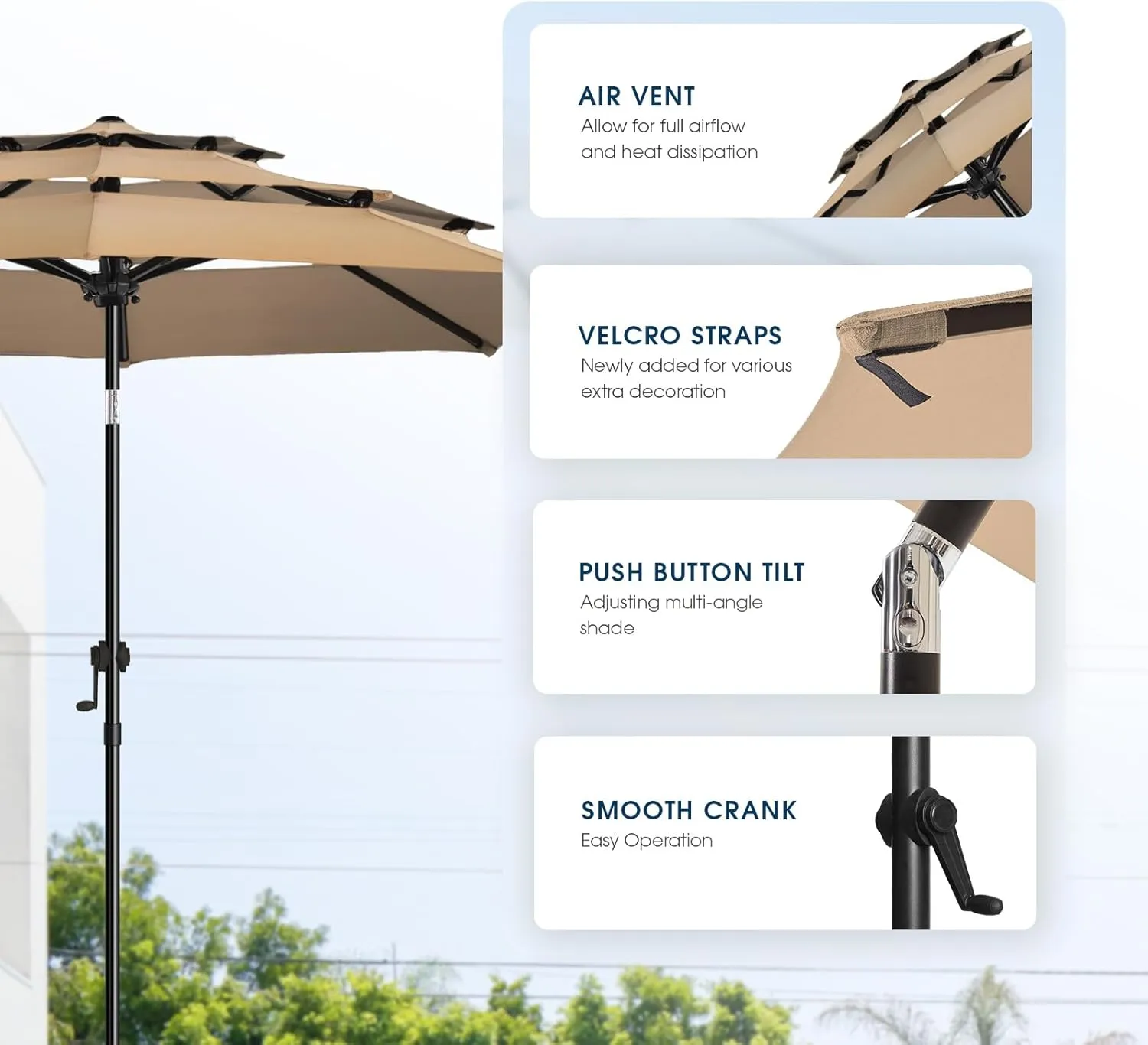 wikiwiki 10 FT Patio Umbrellas 3-Tiers Outdoor Table Market Umbrella with Push Button Tilt/Crank, Fade Resistant Waterproof POLYESTER DTY Canopy for Garden, Lawn, Deck, Backyard & Pool, Tan