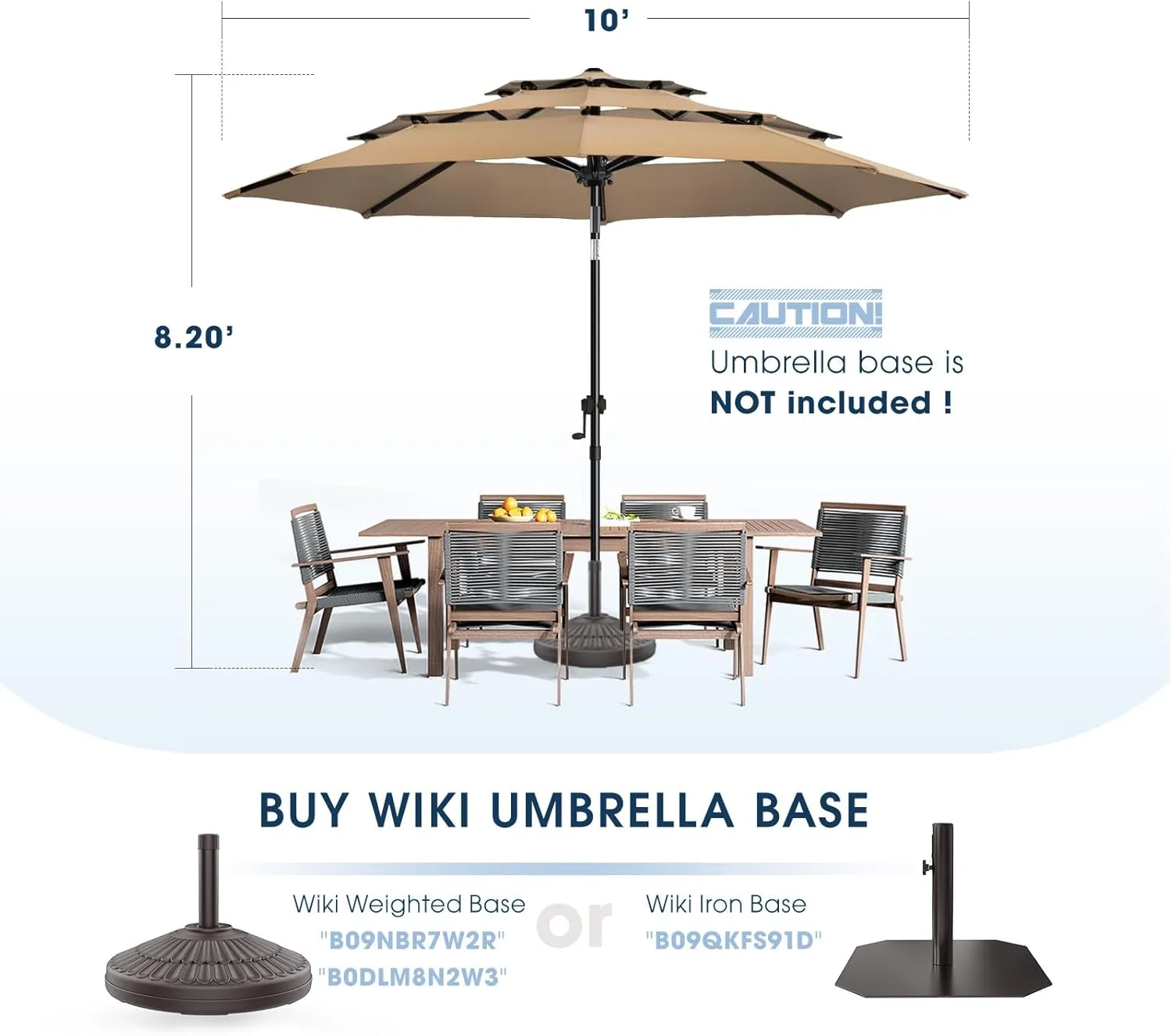 wikiwiki 10 FT Patio Umbrellas 3-Tiers Outdoor Table Market Umbrella with Push Button Tilt/Crank, Fade Resistant Waterproof POLYESTER DTY Canopy for Garden, Lawn, Deck, Backyard & Pool, Tan