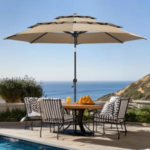 wikiwiki 10 FT Patio Umbrellas 3-Tiers Outdoor Table Market Umbrella with Push Button Tilt/Crank, Fade Resistant Waterproof POLYESTER DTY Canopy for Garden, Lawn, Deck, Backyard & Pool, Tan
