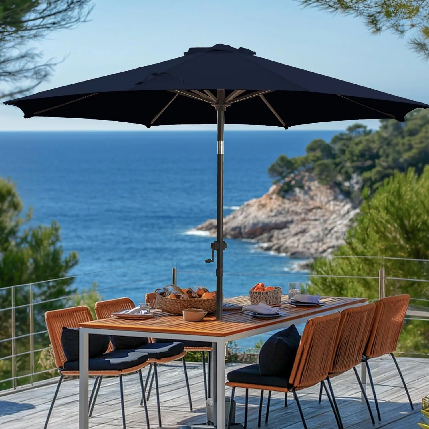 wikiwiki 10 FT Patio Umbrellas Outdoor Table Market Umbrella with Push Button Tilt/Crank, 8 Sturdy Ribs, Fade Resistant Waterproof POLYESTER DTY Canopy for Garden, Lawn, Backyard & Pool, Navy Blue