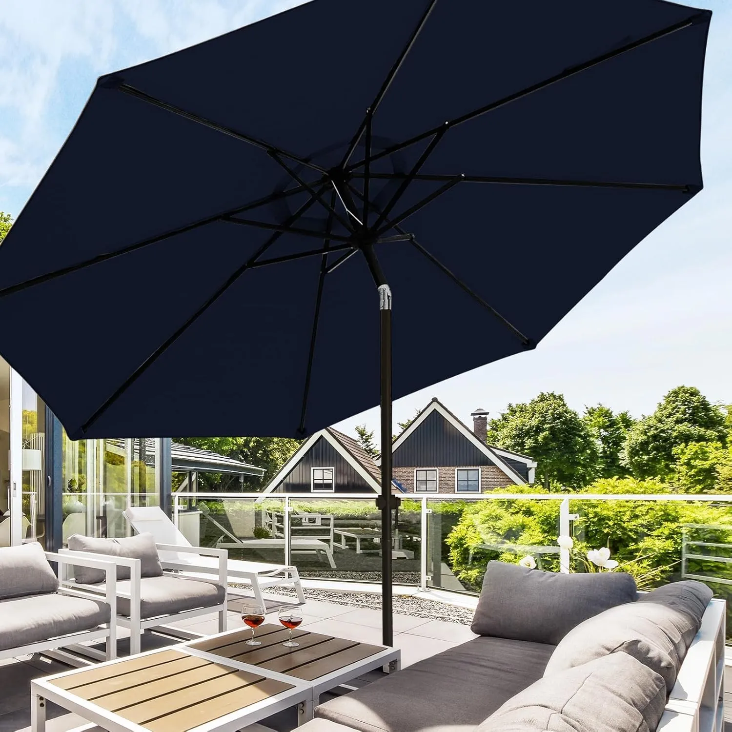 wikiwiki 10 FT Patio Umbrellas Outdoor Table Market Umbrella with Push Button Tilt/Crank, 8 Sturdy Ribs, Fade Resistant Waterproof POLYESTER DTY Canopy for Garden, Lawn, Backyard & Pool, Navy Blue