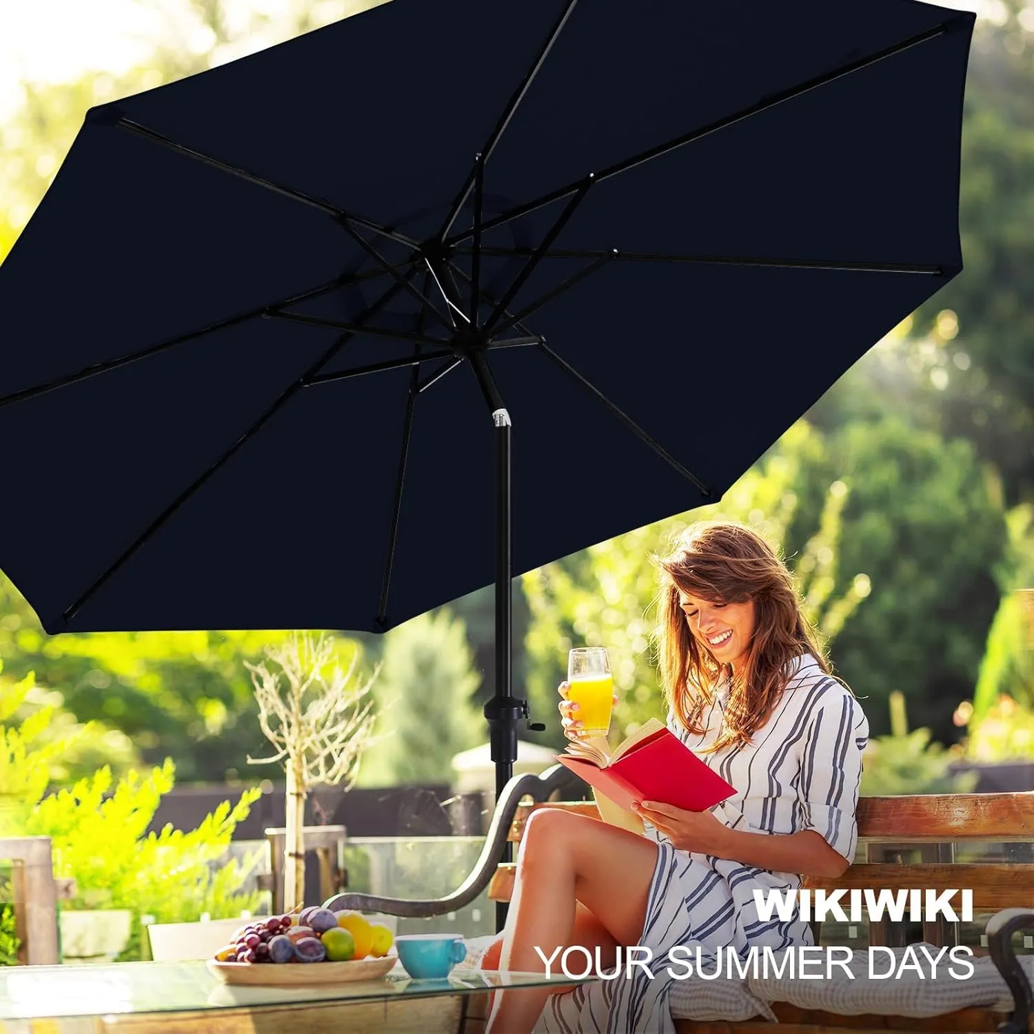 wikiwiki 10 FT Patio Umbrellas Outdoor Table Market Umbrella with Push Button Tilt/Crank, 8 Sturdy Ribs, Fade Resistant Waterproof POLYESTER DTY Canopy for Garden, Lawn, Backyard & Pool, Navy Blue