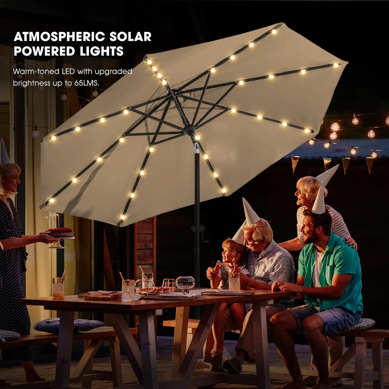 wikiwiki 9ft Solar Led Patio Umbrella, Sturdy Outdoor Market Umbrella for Deck, Pool, Garden w/Tilt, Crank, 32 LED Lights, Tan