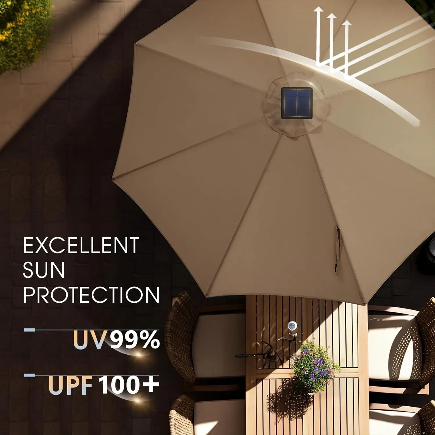 wikiwiki 9ft Solar Led Patio Umbrella, Sturdy Outdoor Market Umbrella for Deck, Pool, Garden w/Tilt, Crank, 32 LED Lights, Tan