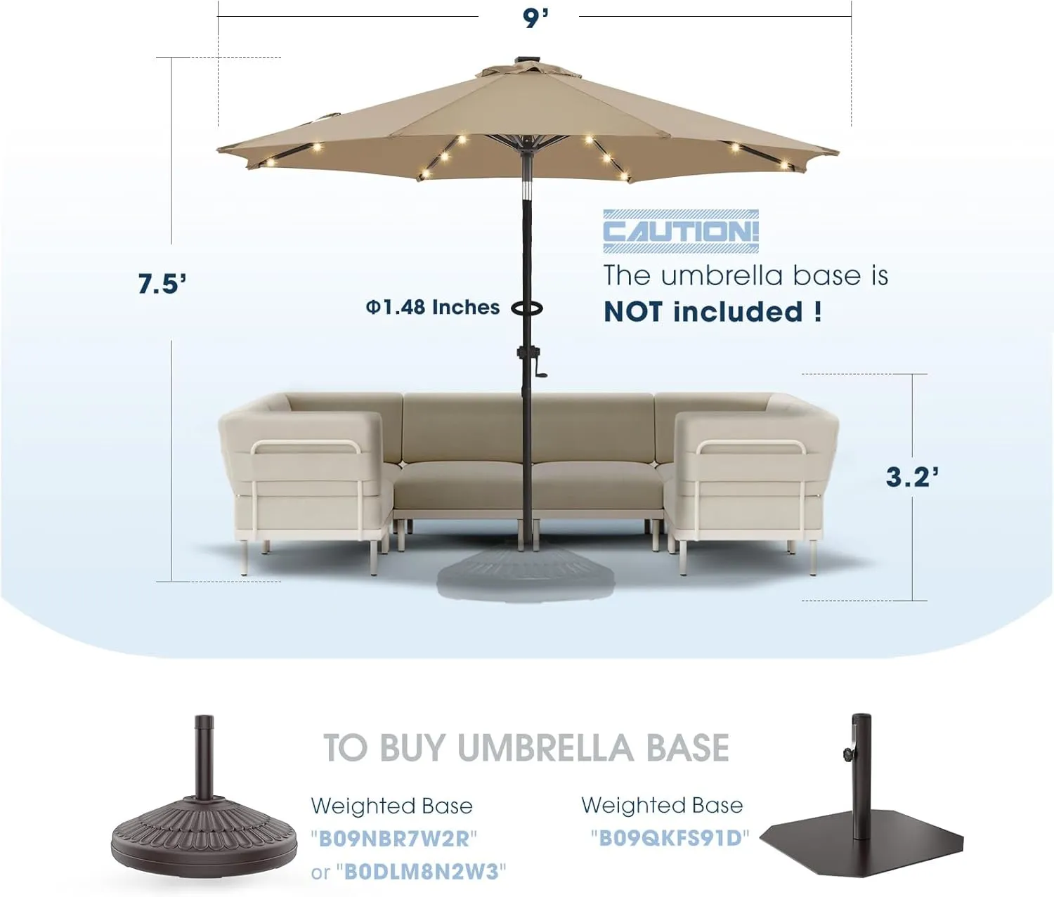 wikiwiki 9ft Solar Led Patio Umbrella, Sturdy Outdoor Market Umbrella for Deck, Pool, Garden w/Tilt, Crank, 32 LED Lights, Tan