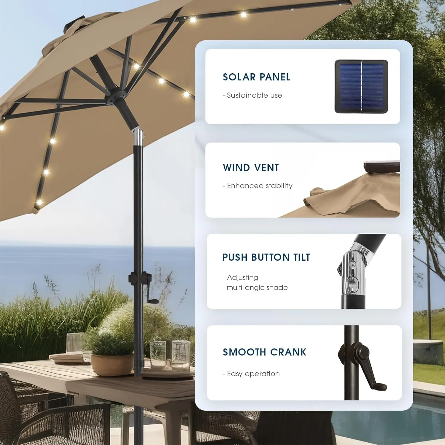 wikiwiki 9ft Solar Led Patio Umbrella, Sturdy Outdoor Market Umbrella for Deck, Pool, Garden w/Tilt, Crank, 32 LED Lights, Tan