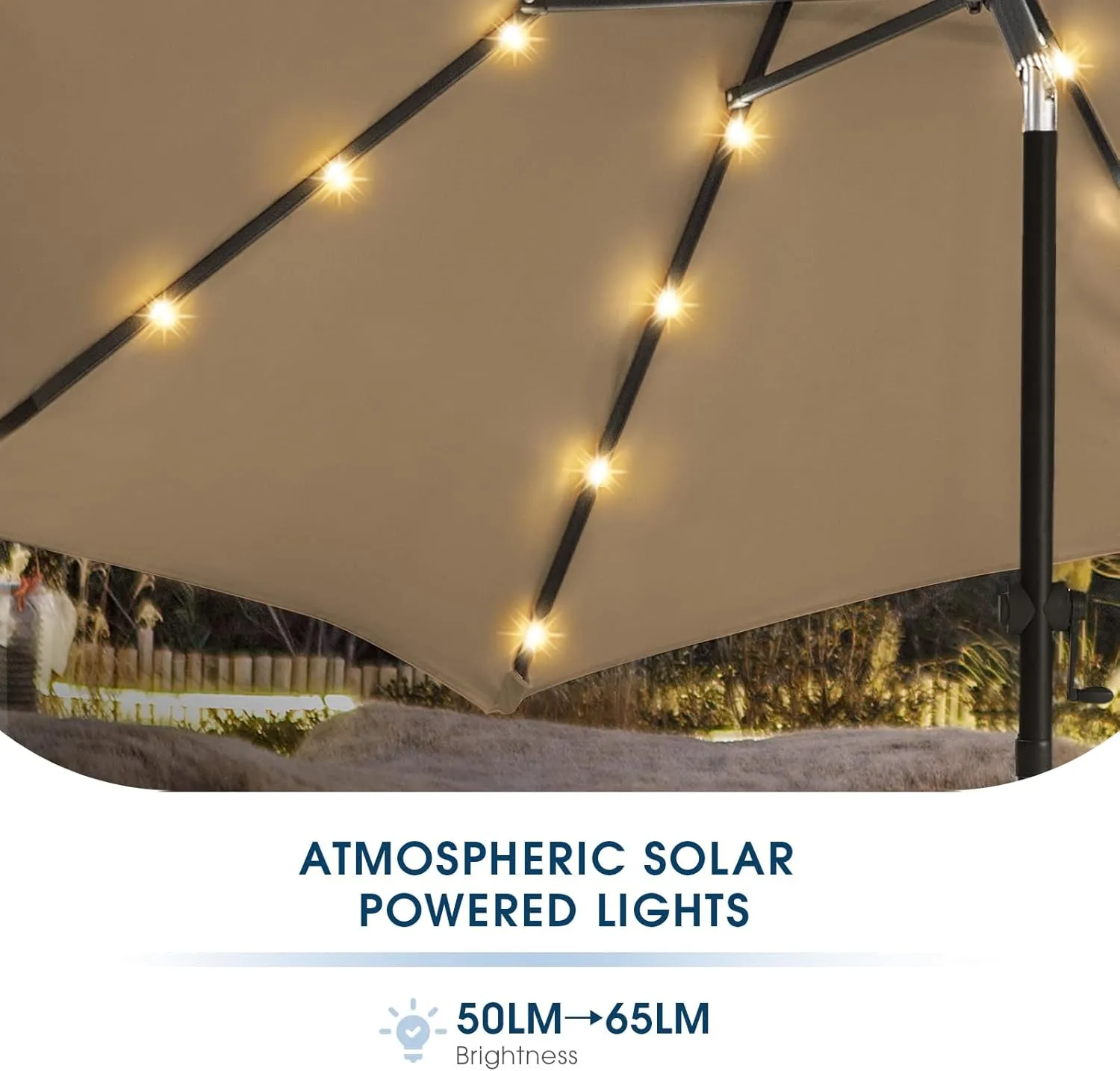wikiwiki 9ft Solar Led Patio Umbrella, Sturdy Outdoor Market Umbrella for Deck, Pool, Garden w/Tilt, Crank, 32 LED Lights, Tan