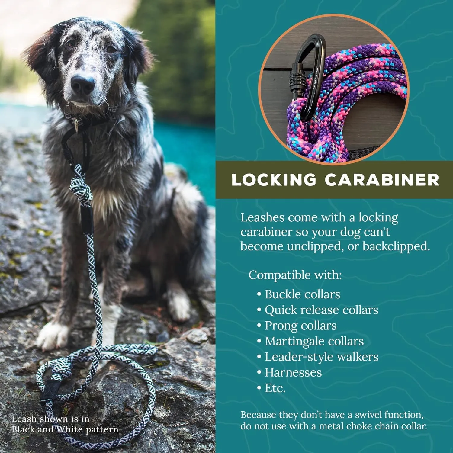 Wilderdog Climbing Rope Small Carabiner Dog Leash - Cascade - 5 ft