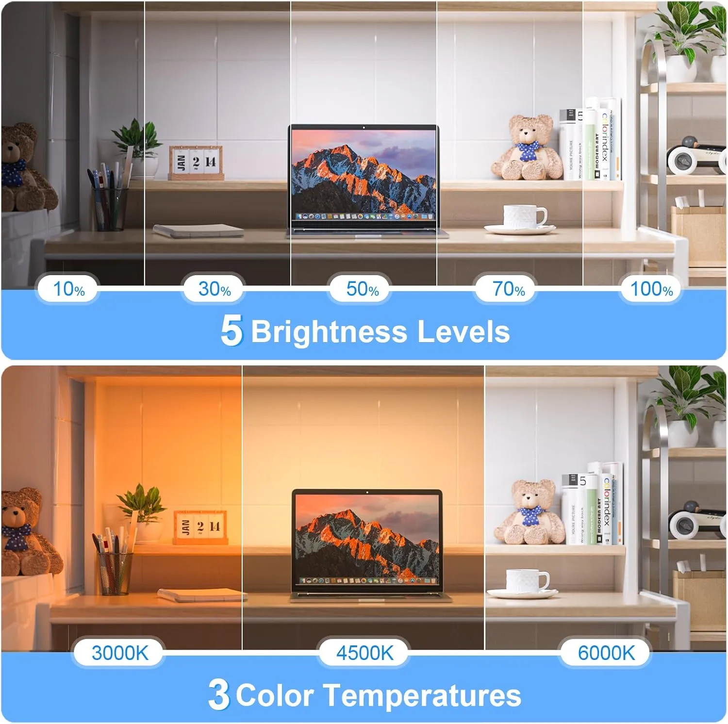 WILLED 5W Dimmable Mirror Lights,3 Colors Adjustable Makeup Light with 120 LED,2500mAh Rechargeable Under Cabinet Led,Stick on Touch Light,Magnetic Wall Light for Cabinet,Kitchen,Closet,Bedside,Desk