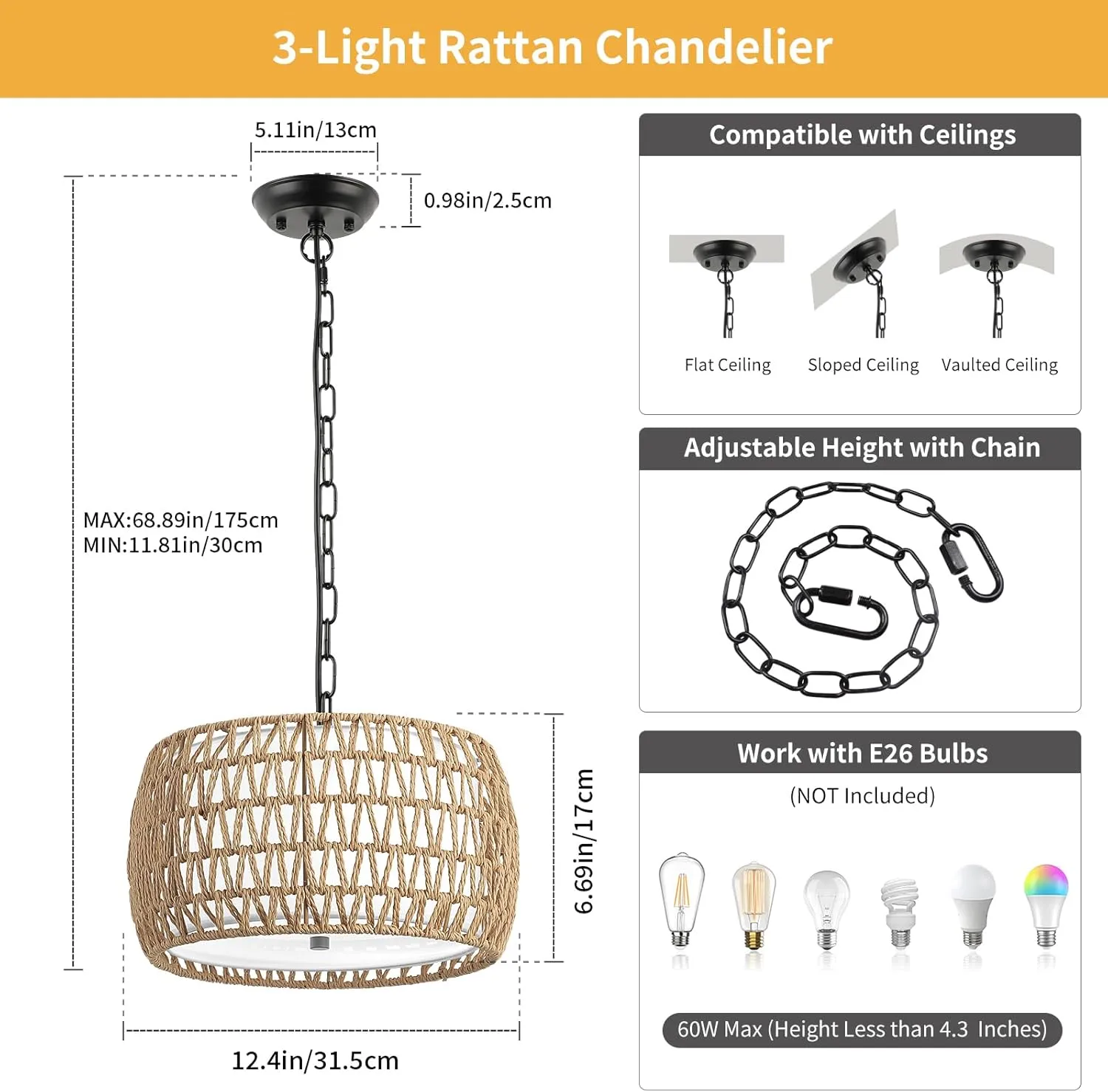 WILON 3-Light Boho Chandelier for Dining Room Over Table, Modern Rattan Pendant Light with Fabric Shade, Hanging Drum Ceiling Lamp for Kitchen Island Living Bedroom Entryway Hallway - E26 Base