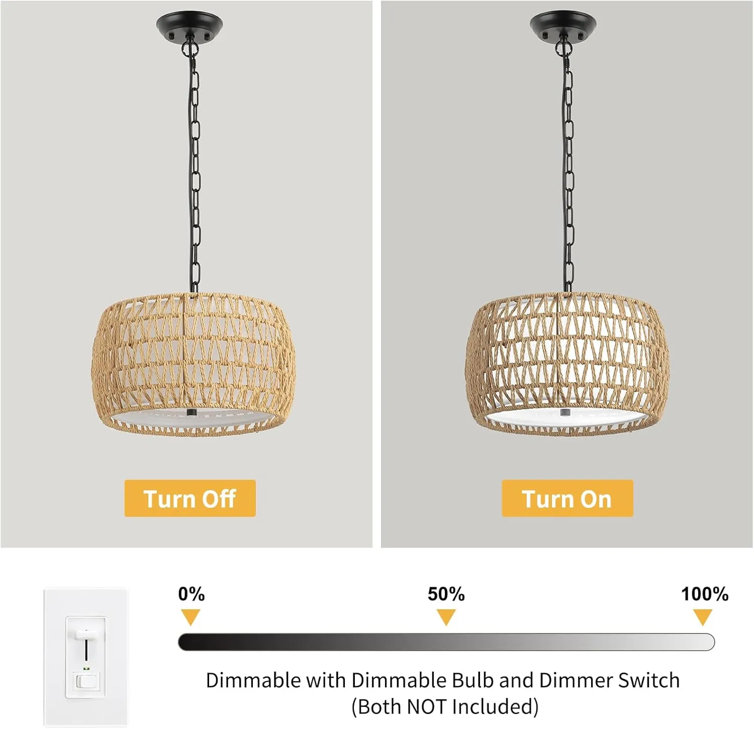 WILON 3-Light Boho Chandelier for Dining Room Over Table, Modern Rattan Pendant Light with Fabric Shade, Hanging Drum Ceiling Lamp for Kitchen Island Living Bedroom Entryway Hallway - E26 Base