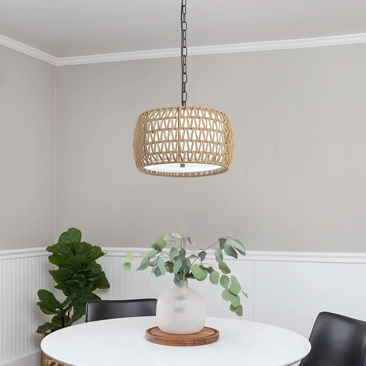 WILON 3-Light Boho Chandelier for Dining Room Over Table, Modern Rattan Pendant Light with Fabric Shade, Hanging Drum Ceiling Lamp for Kitchen Island Living Bedroom Entryway Hallway - E26 Base