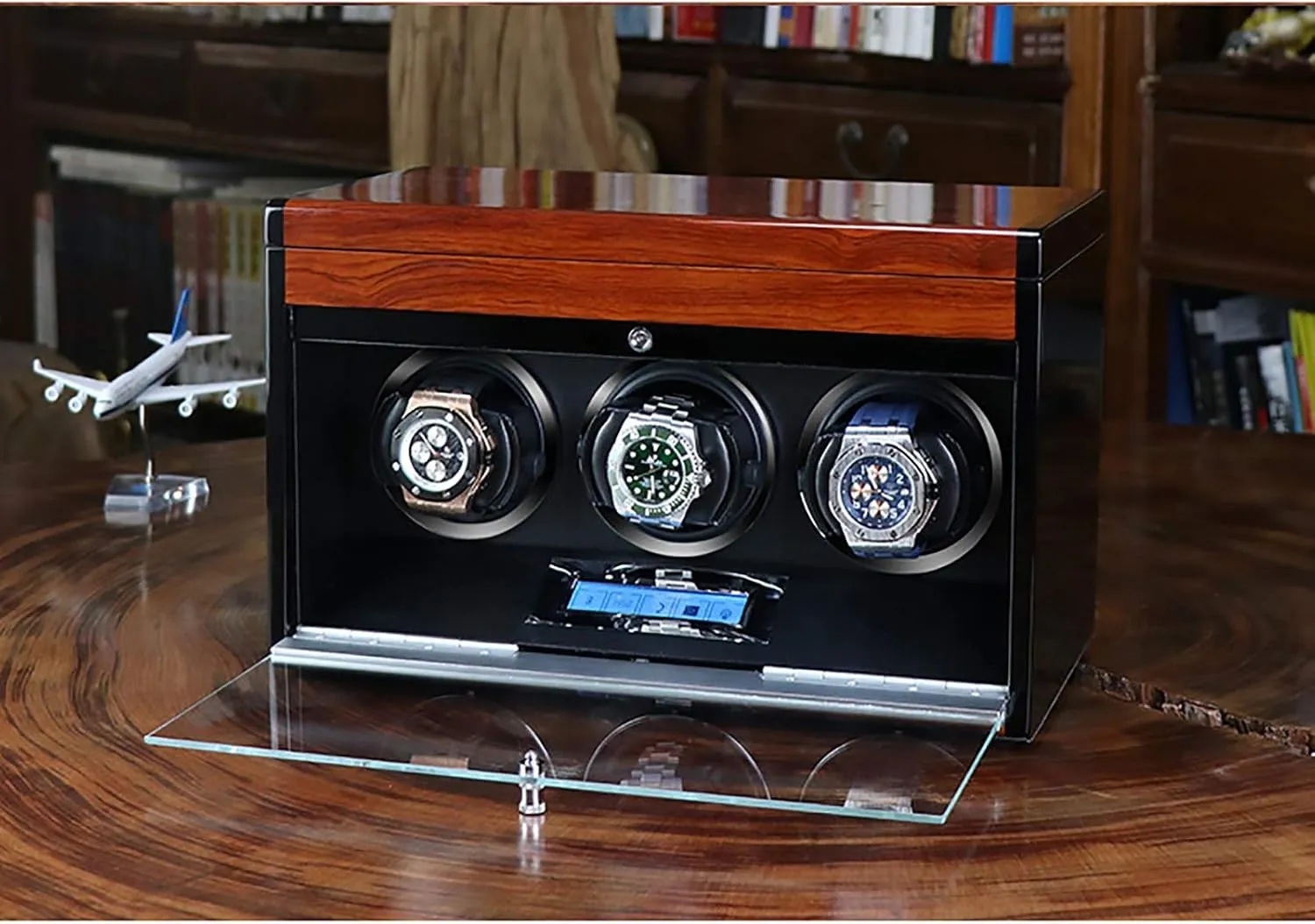 Winding Box Watch Winders - Wooden Watch Storage Case Smart Watches Winder with LED Light Mechanical Watch Automatic Shaker with Access Control Watch Winding Bo,Carbon Fiber Paint-3
