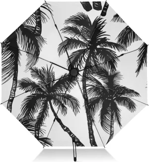Windproof Travel Umbrella, Auto Open Close, Folding Umbrella Compact, Backpack Purse Portable, Ideal for Women, Black White Coconut Palm Trees