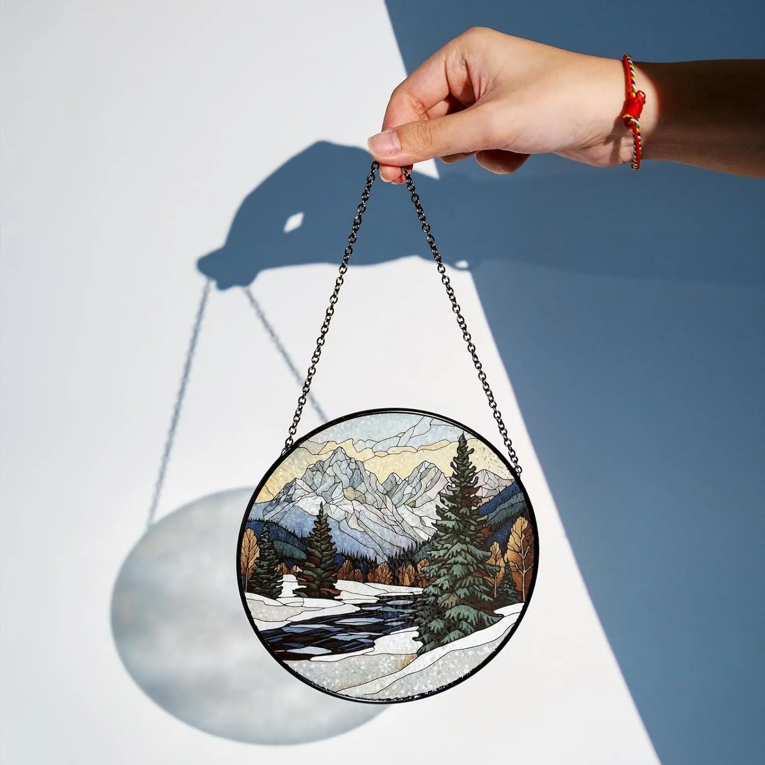 Winter Scene Stained Glass Suncatcher, Perfect for Window Decorations, Snowy Mountain Range Light Catcher, Home Decor, Gift for Family Friend, Winter Landscape Stained Glass Suncatcher