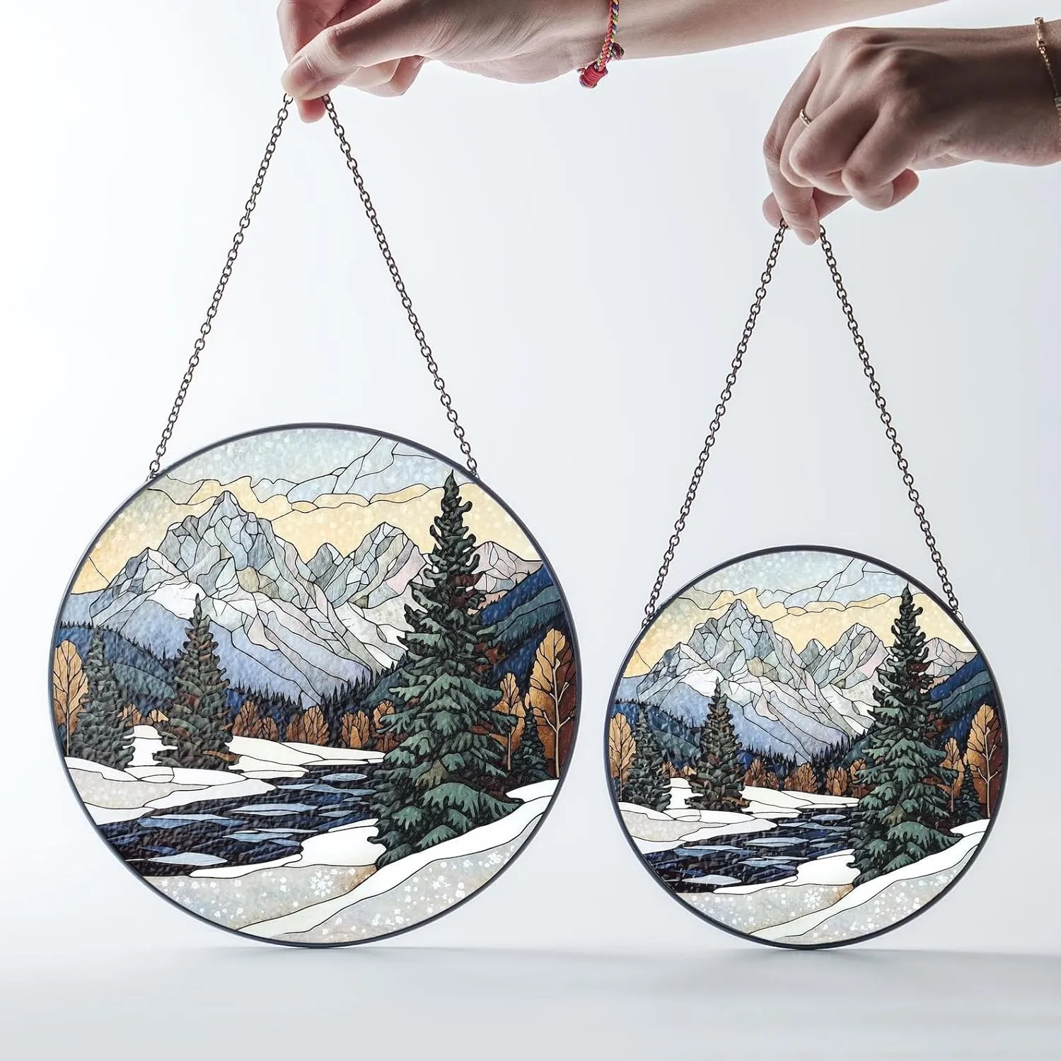 Winter Scene Stained Glass Suncatcher, Perfect for Window Decorations, Snowy Mountain Range Light Catcher, Home Decor, Gift for Family Friend, Winter Landscape Stained Glass Suncatcher