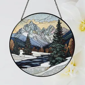 Winter Scene Stained Glass Suncatcher, Perfect for Window Decorations, Snowy Mountain Range Light Catcher, Home Decor, Gift for Family Friend, Winter Landscape Stained Glass Suncatcher