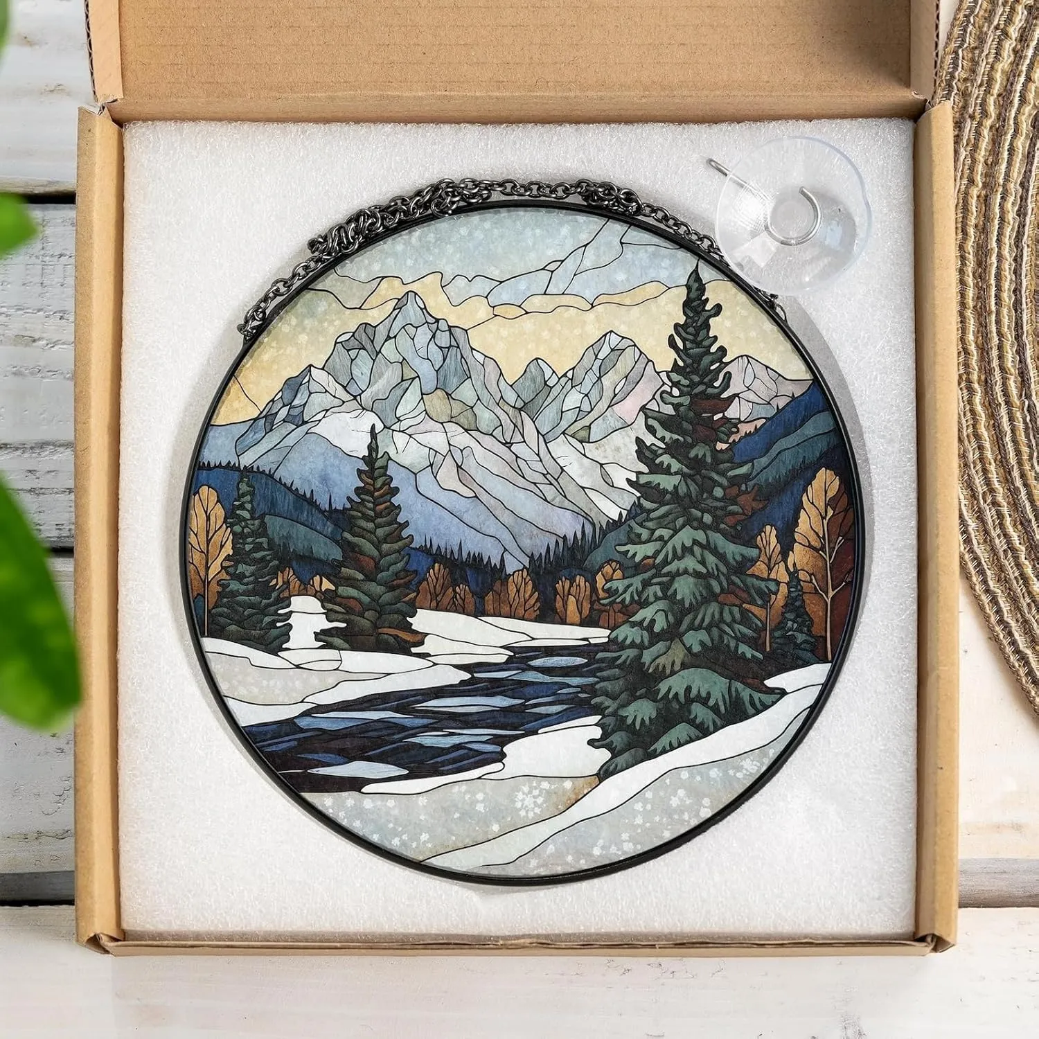 Winter Scene Stained Glass Suncatcher, Perfect for Window Decorations, Snowy Mountain Range Light Catcher, Home Decor, Gift for Family Friend, Winter Landscape Stained Glass Suncatcher