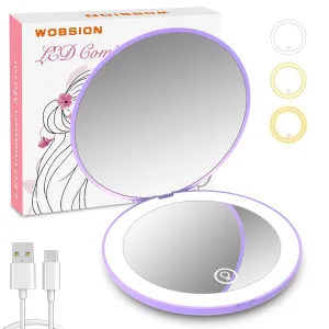 wobsion Rechargeable Led Travel Mirror, 1x/10x Magnification Compact Mirror with Light, Dimmable Led Travel Makeup Mirror,3 Color Lighting,Handheld 2-Sided Pocket Mirror,Gifts for Girls,Purple