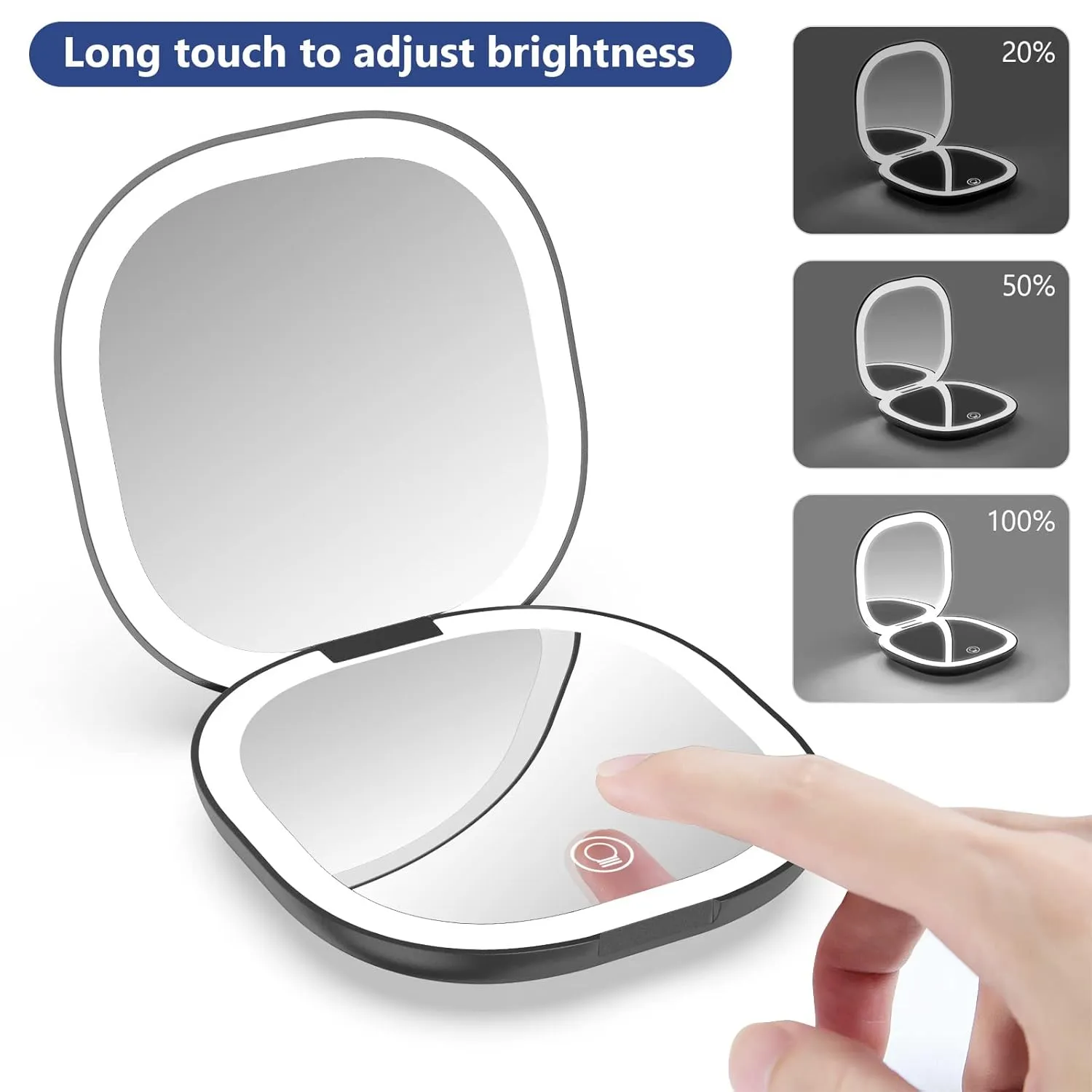 wobsion Travel Mirror with Light, Rechargeable 1x/10x Compact Magnifying Mirror, Dimmable Pocket Mirror,Handheld 2-Side Mirror with Light,3.5 inch Travel Size,Portable for Handbag,Purse,Gift,Black