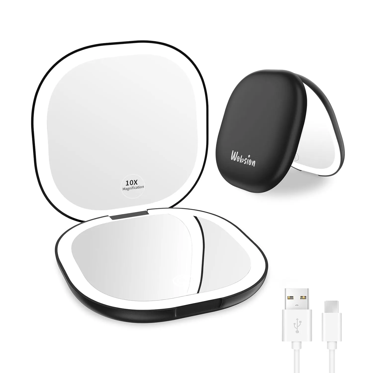 wobsion Travel Mirror with Light, Rechargeable 1x/10x Compact Magnifying Mirror, Dimmable Pocket Mirror,Handheld 2-Side Mirror with Light,3.5 inch Travel Size,Portable for Handbag,Purse,Gift,Black