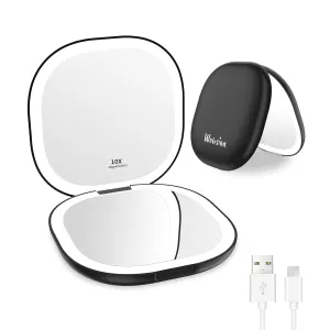 wobsion Travel Mirror with Light, Rechargeable 1x/10x Compact Magnifying Mirror, Dimmable Pocket Mirror,Handheld 2-Side Mirror with Light,3.5 inch Travel Size,Portable for Handbag,Purse,Gift,Black