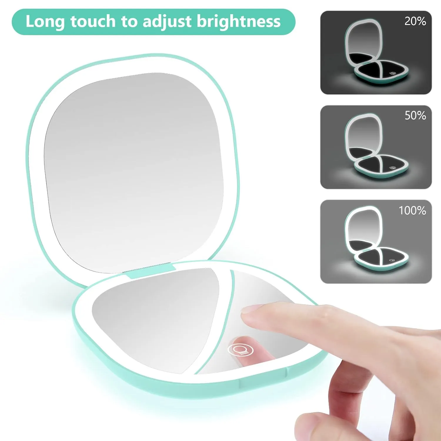 wobsion Travel Mirror with Light, Rechargeable 1x/10x Compact Magnifying Mirror, Dimmable Pocket Mirror,Handheld Double Mirror with Light,3.5 inch Travel Size,Portable for Handbag,Purse,Gift,Cyan