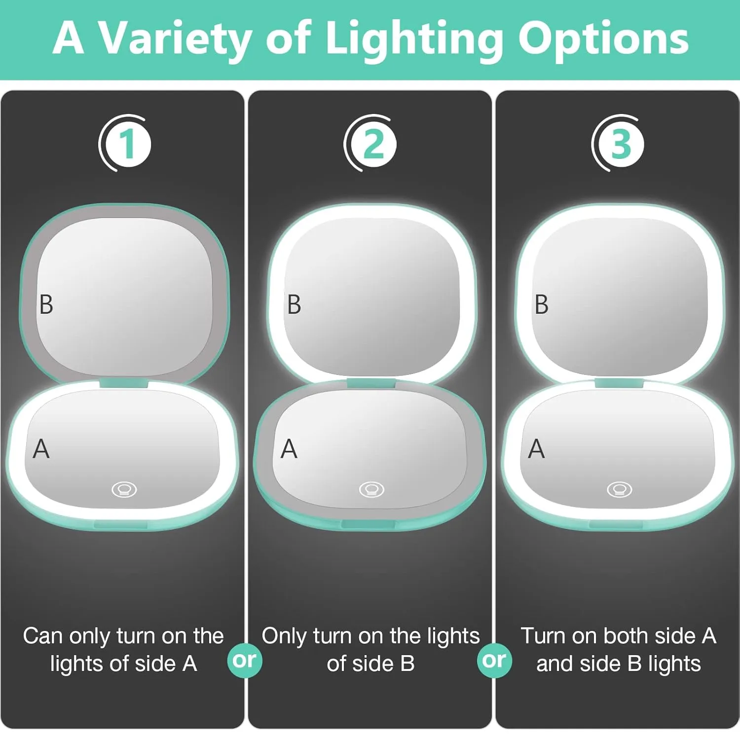 wobsion Travel Mirror with Light, Rechargeable 1x/10x Compact Magnifying Mirror, Dimmable Pocket Mirror,Handheld Double Mirror with Light,3.5 inch Travel Size,Portable for Handbag,Purse,Gift,Cyan