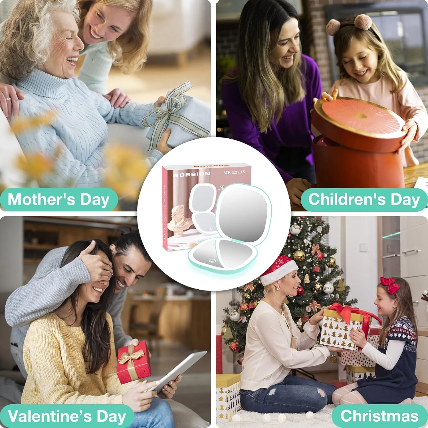 wobsion Travel Mirror with Light, Rechargeable 1x/10x Compact Magnifying Mirror, Dimmable Pocket Mirror,Handheld Double Mirror with Light,3.5 inch Travel Size,Portable for Handbag,Purse,Gift,Cyan