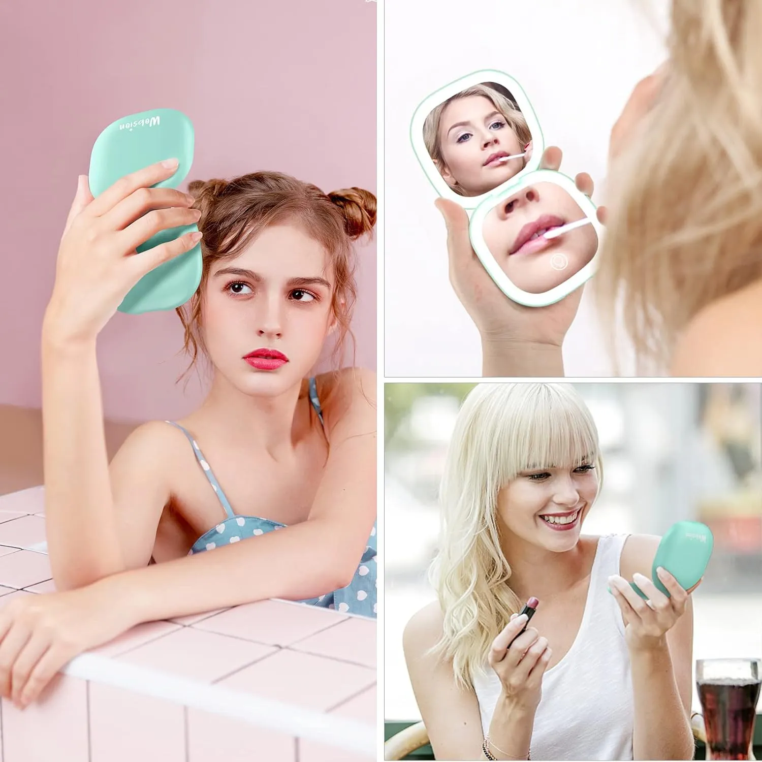 wobsion Travel Mirror with Light, Rechargeable 1x/10x Compact Magnifying Mirror, Dimmable Pocket Mirror,Handheld Double Mirror with Light,3.5 inch Travel Size,Portable for Handbag,Purse,Gift,Cyan