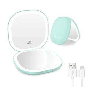 wobsion Travel Mirror with Light, Rechargeable 1x/10x Compact Magnifying Mirror, Dimmable Pocket Mirror,Handheld Double Mirror with Light,3.5 inch Travel Size,Portable for Handbag,Purse,Gift,Cyan