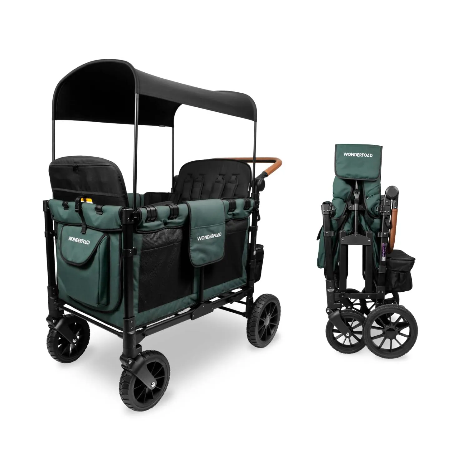 WONDERFOLD W4 Luxe Quad Stroller Wagon Featuring 4 High Face-to-Face Seats with Magnetic Buckle 5-Point Harnesses and Adjustable/Removable UV-Protection Canopy, Hunter Green