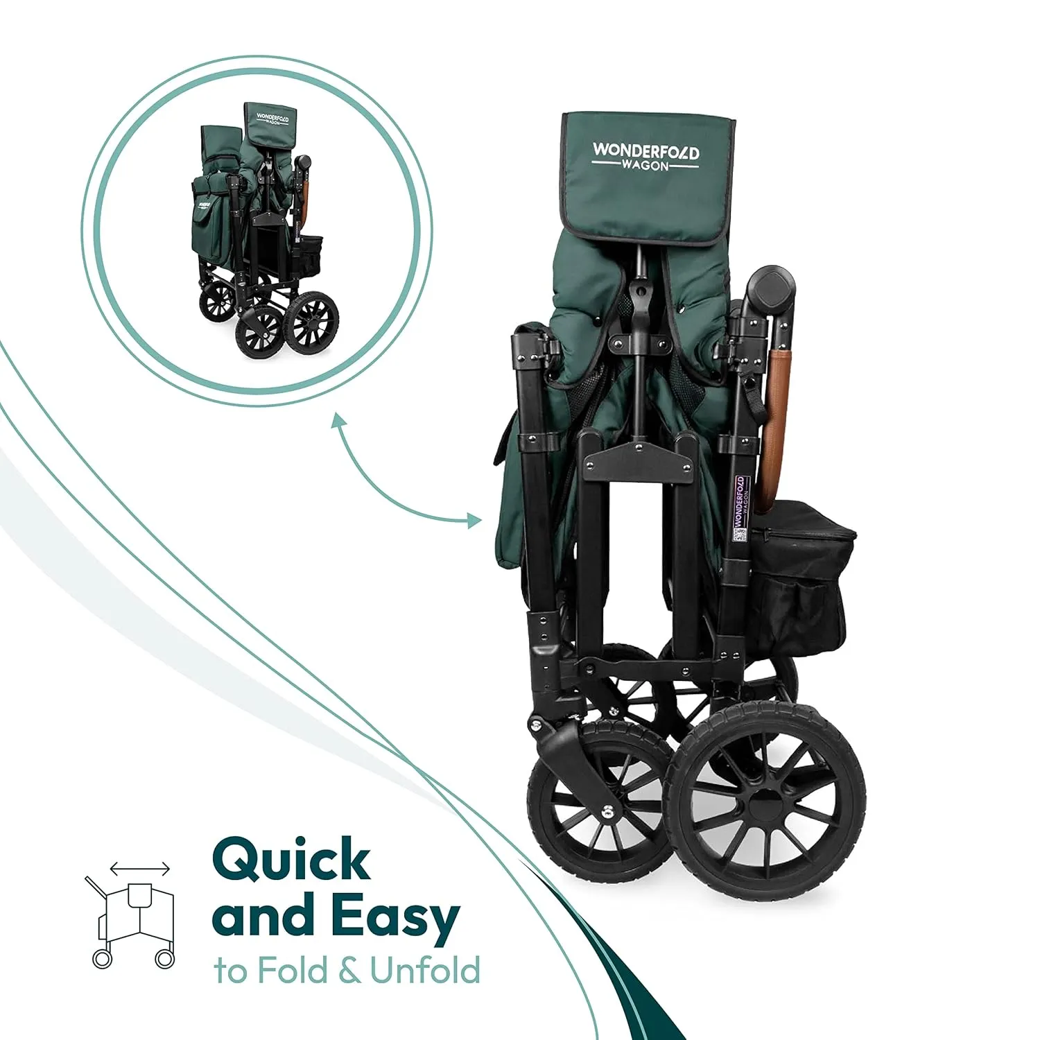 WONDERFOLD W4 Luxe Quad Stroller Wagon Featuring 4 High Face-to-Face Seats with Magnetic Buckle 5-Point Harnesses and Adjustable/Removable UV-Protection Canopy, Hunter Green