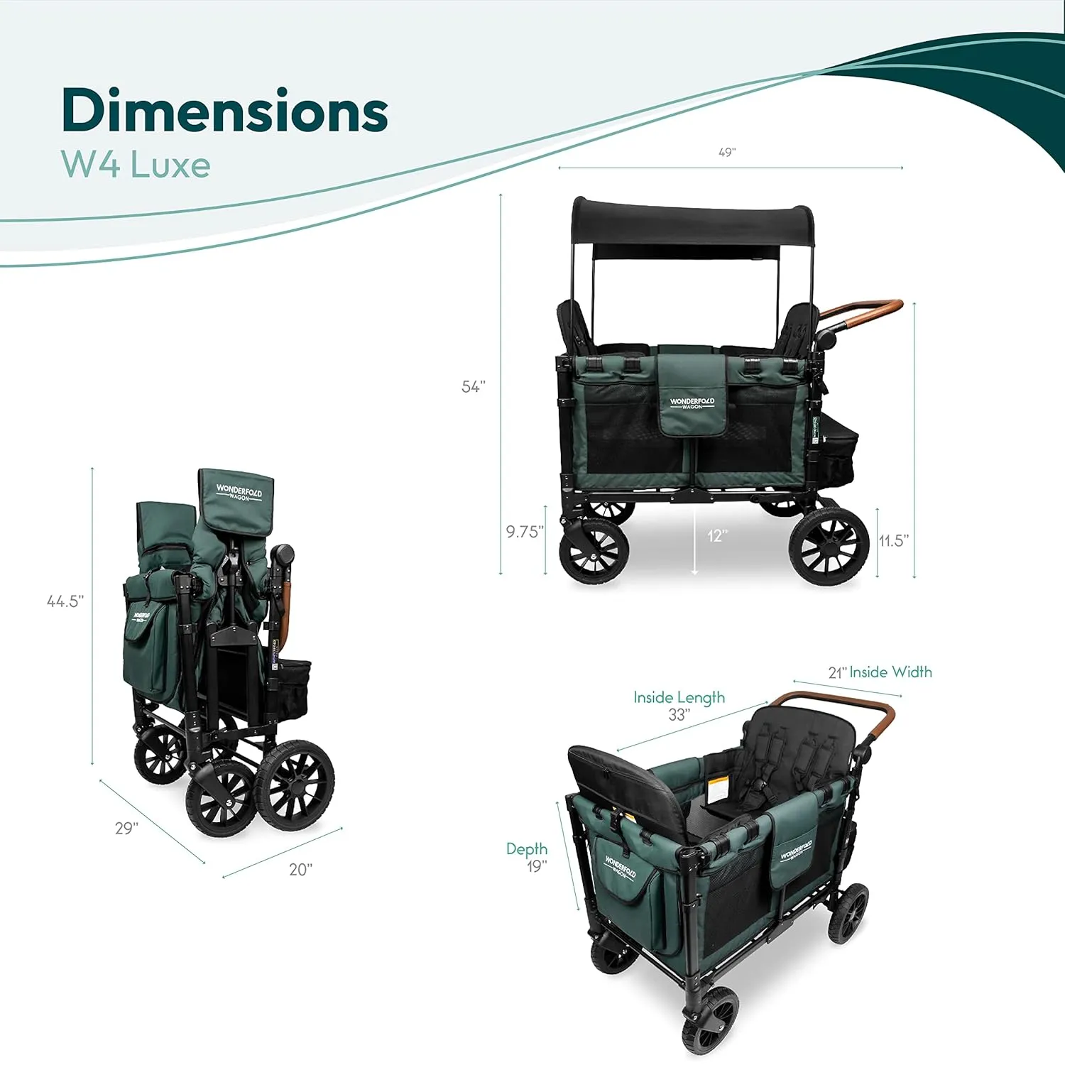 WONDERFOLD W4 Luxe Quad Stroller Wagon Featuring 4 High Face-to-Face Seats with Magnetic Buckle 5-Point Harnesses and Adjustable/Removable UV-Protection Canopy, Hunter Green