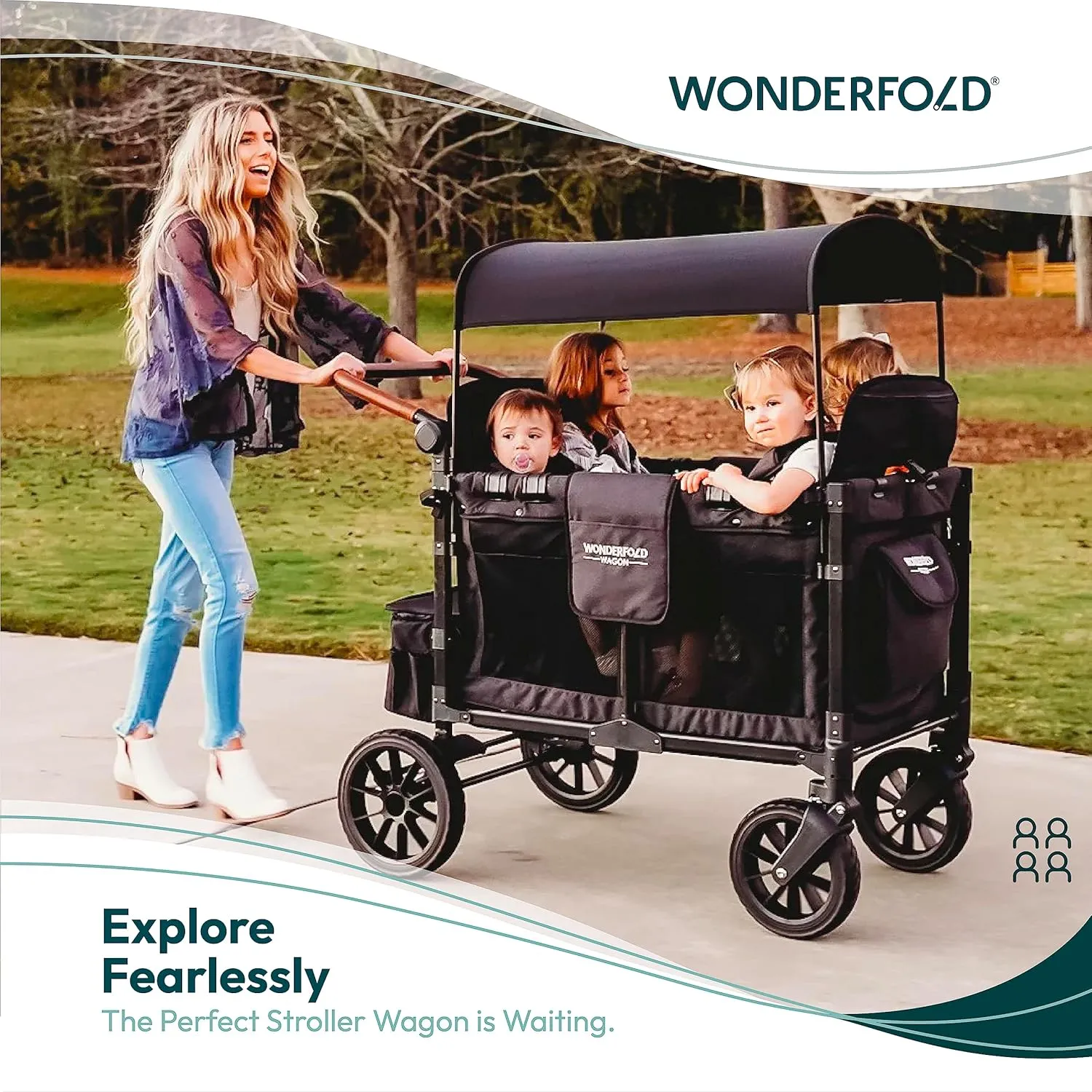 WONDERFOLD W4 Luxe Quad Stroller Wagon Featuring 4 High Face-to-Face Seats with Magnetic Buckle 5-Point Harnesses and Adjustable/Removable UV-Protection Canopy, Hunter Green
