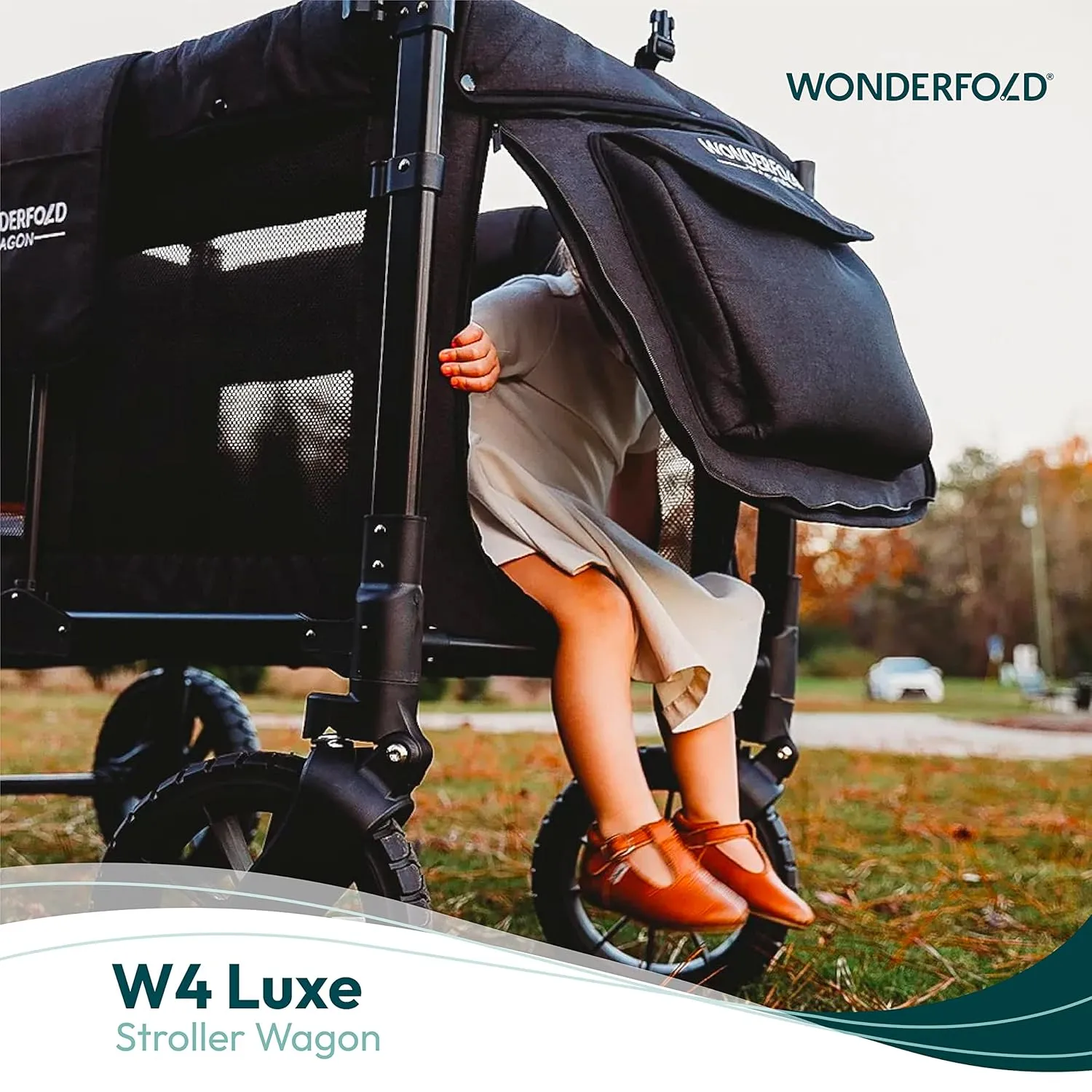 WONDERFOLD W4 Luxe Quad Stroller Wagon Featuring 4 High Face-to-Face Seats with Magnetic Buckle 5-Point Harnesses and Adjustable/Removable UV-Protection Canopy, Hunter Green