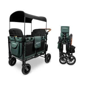 WONDERFOLD W4 Luxe Quad Stroller Wagon Featuring 4 High Face-to-Face Seats with Magnetic Buckle 5-Point Harnesses and Adjustable/Removable UV-Protection Canopy, Hunter Green
