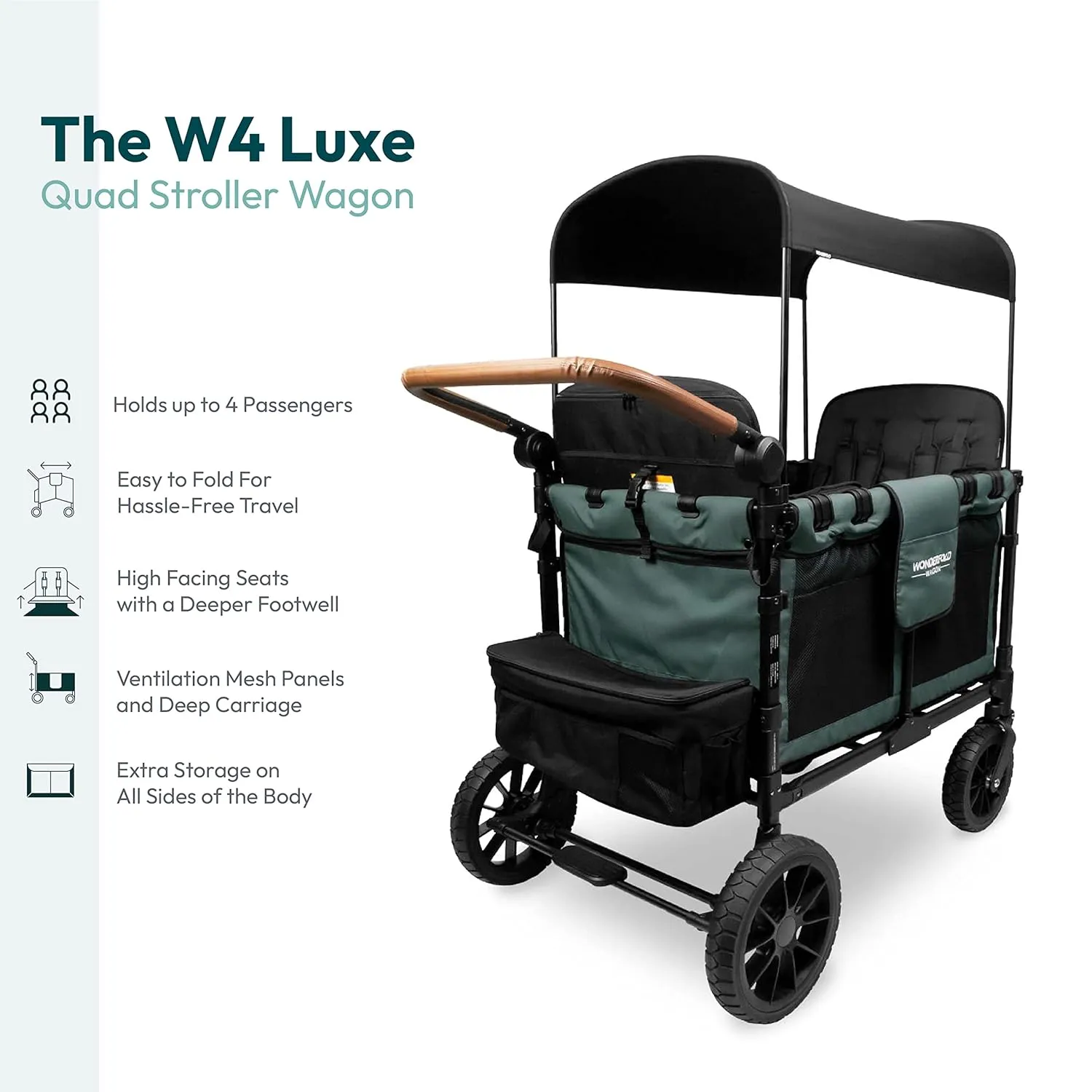 WONDERFOLD W4 Luxe Quad Stroller Wagon Featuring 4 High Face-to-Face Seats with Magnetic Buckle 5-Point Harnesses and Adjustable/Removable UV-Protection Canopy, Hunter Green