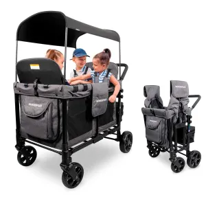WONDERFOLD W4 Original Stroller Wagon (4 Seater) - Collapsible Wagon Stroller with Seats with 5-Point Harnesses, Easy Access Zipper Door, and Removable Sun Canopy, Gray