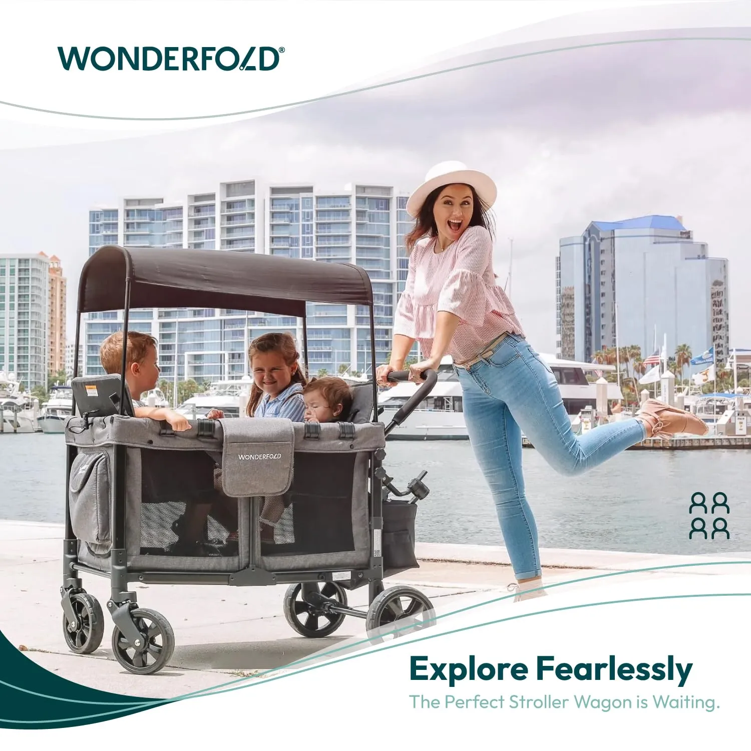WONDERFOLD W4 Original Stroller Wagon (4 Seater) - Collapsible Wagon Stroller with Seats with 5-Point Harnesses, Easy Access Zipper Door, and Removable Sun Canopy, Gray