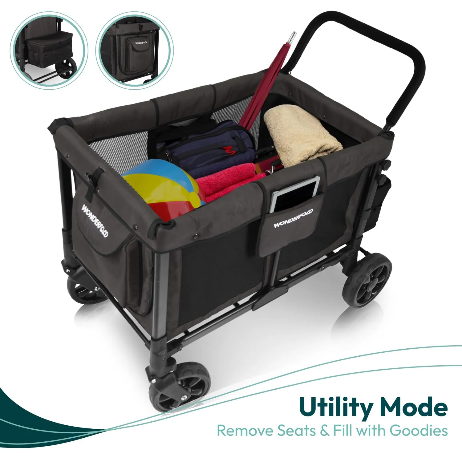 WONDERFOLD W4 Original Stroller Wagon (4 Seater) - Collapsible Wagon Stroller with Seats with 5-Point Harnesses, Easy Access Zipper Door, and Removable Sun Canopy, Gray