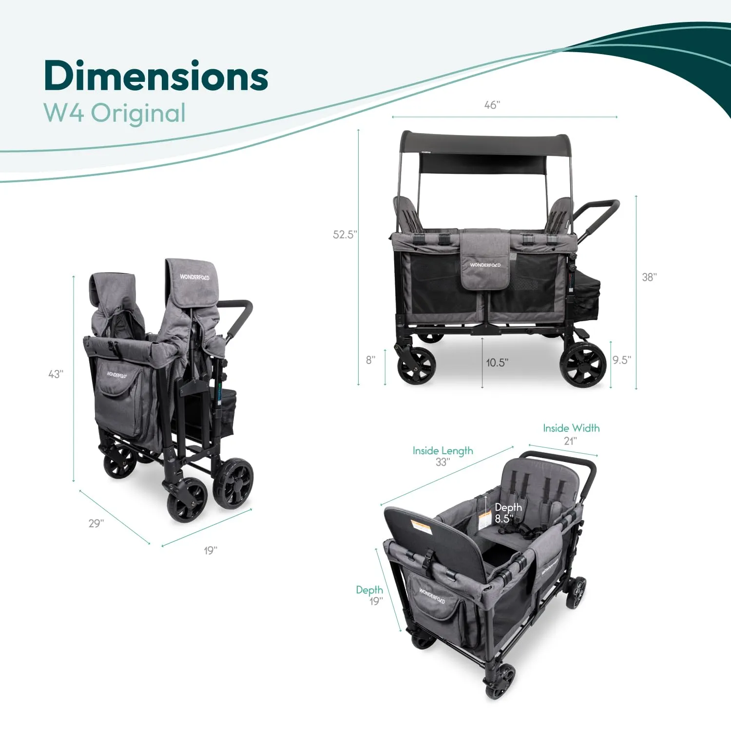 WONDERFOLD W4 Original Stroller Wagon (4 Seater) - Collapsible Wagon Stroller with Seats with 5-Point Harnesses, Easy Access Zipper Door, and Removable Sun Canopy, Gray