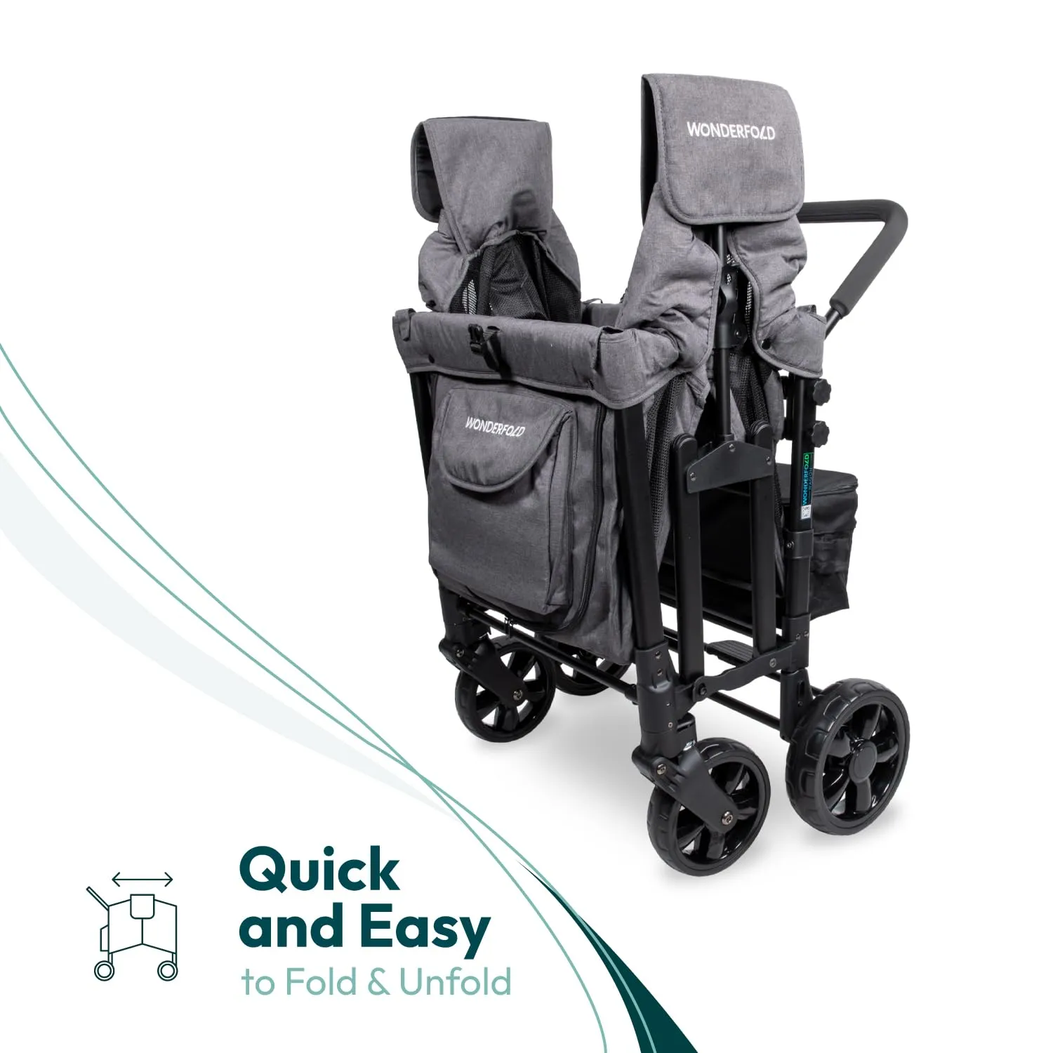 WONDERFOLD W4 Original Stroller Wagon (4 Seater) - Collapsible Wagon Stroller with Seats with 5-Point Harnesses, Easy Access Zipper Door, and Removable Sun Canopy, Gray